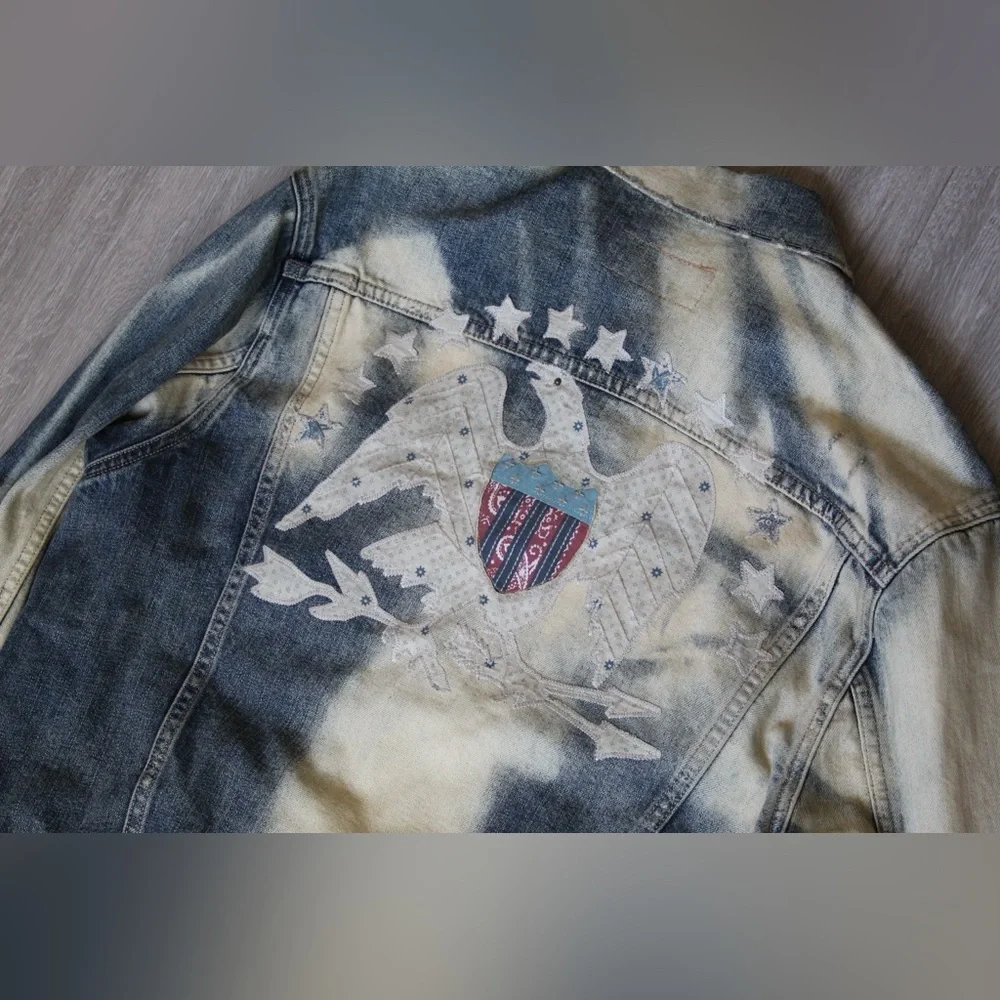 Denim & Supply Ralph Lauren Eagle Patch‎ Denim Jacket Men L Bleached Distressed